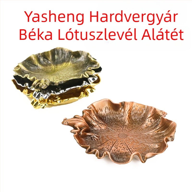 Békával és lótuszlevél motívumos pohár alátét, fém pohártartó, szigetelt teás tálca, kreatív tál, antik tintás tál a teaceremóniához