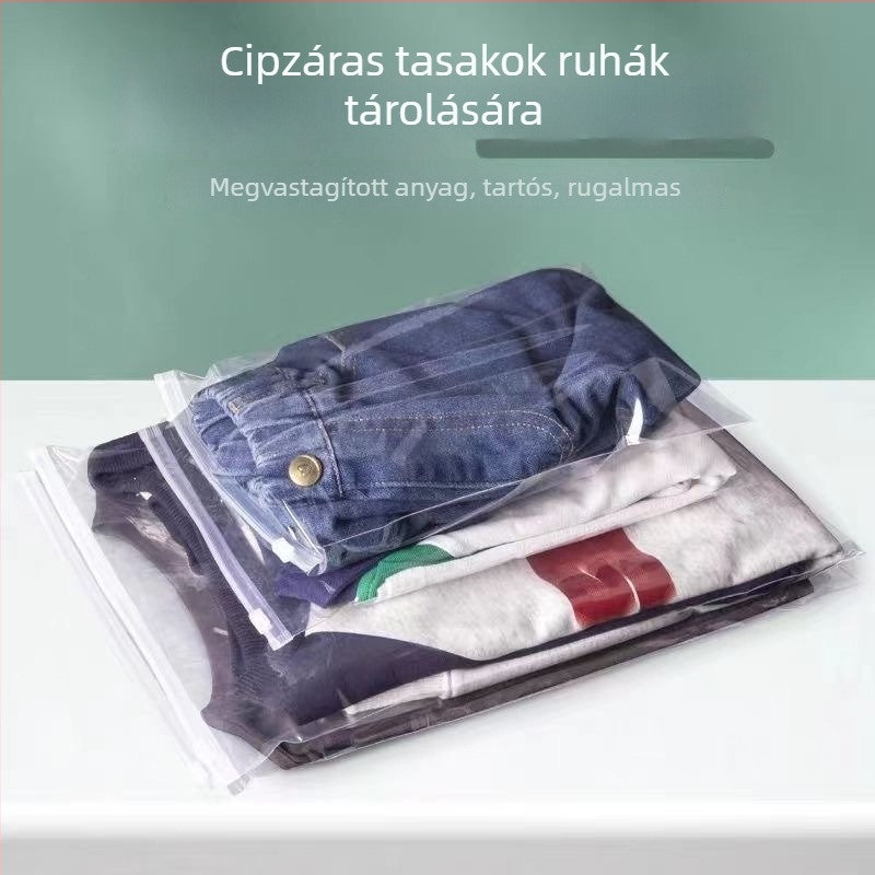 Átlátszó cipzáras tasakok, önzáró, matt felületű, PE ruhatároló tasakok