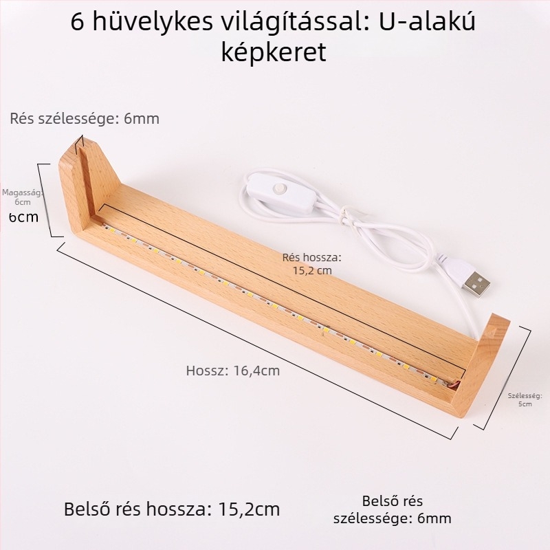Masszív bükkfából készült U-alakú világító asztali naptár alap, akril tartóval és fotókerettel