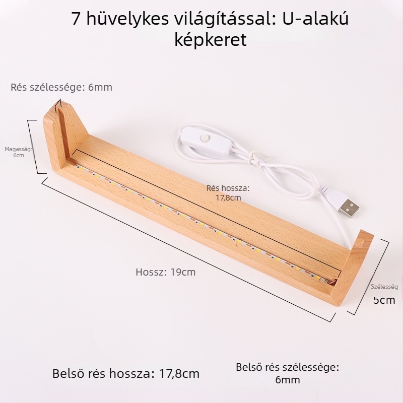Masszív bükkfából készült U-alakú világító asztali naptár alap, akril tartóval és fotókerettel
