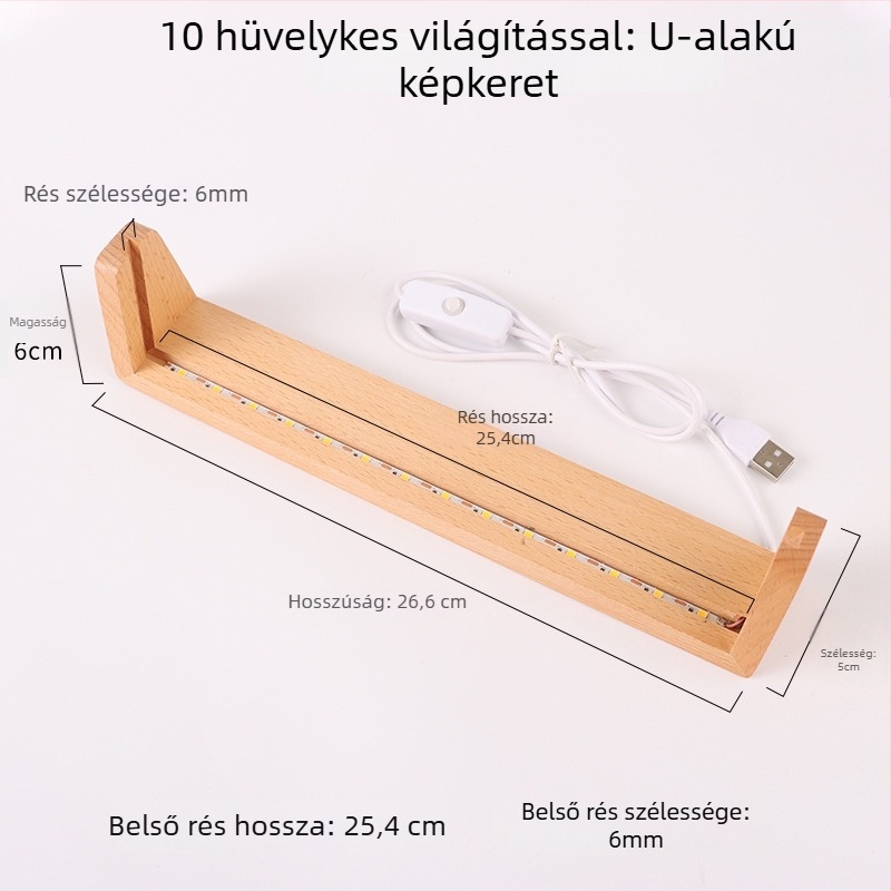 Masszív bükkfából készült U-alakú világító asztali naptár alap, akril tartóval és fotókerettel