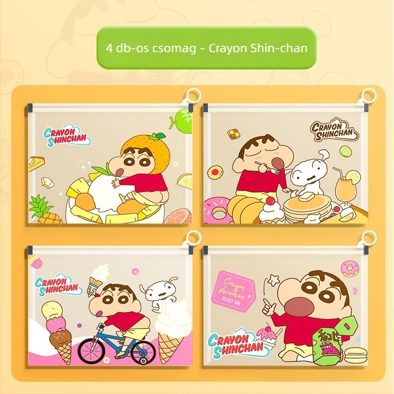 Átlátszó fájl taska húzófüllel, Crayon Shin-Chan és Doraemon dizájn, nagy kapacitású A4-es dokumentumokhoz