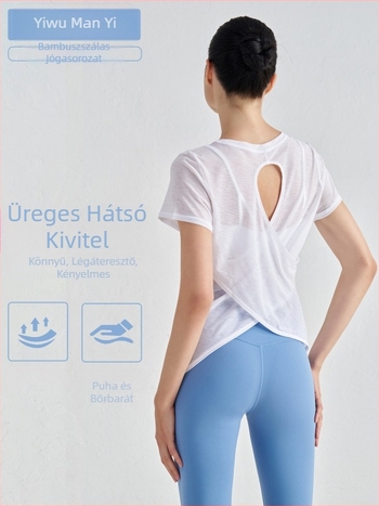 Női jóga felső Slub szálból, lélegző, rövid ujjú, kerek nyakú, hátán kivágott dizájn, laza szabás, csípőig érő hossz