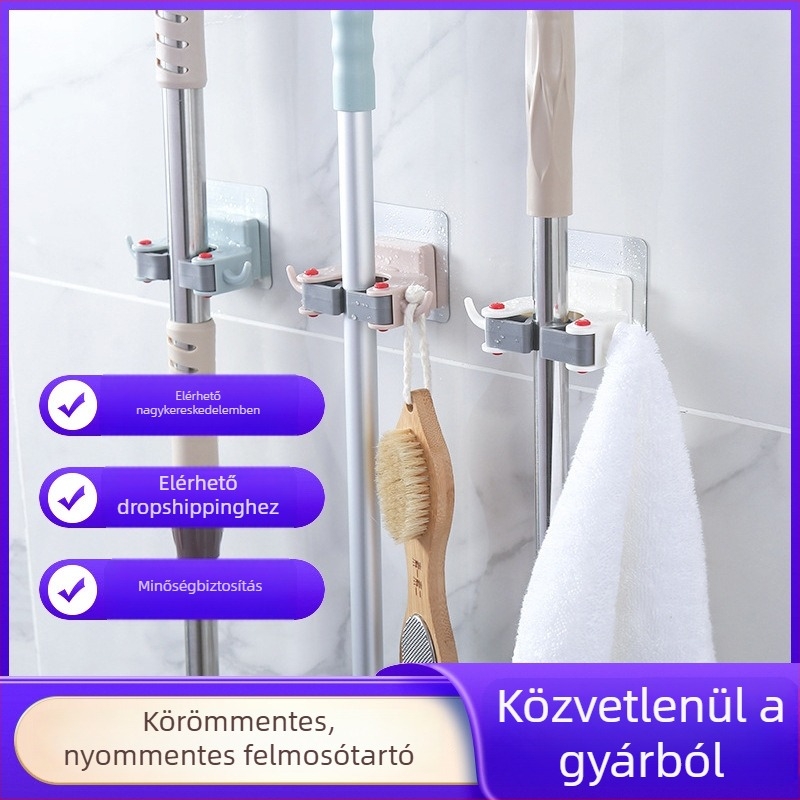 Leyuji Csavar nélküli falra szerelhető mop tartó és seprűtartó — többfunkciós tároló