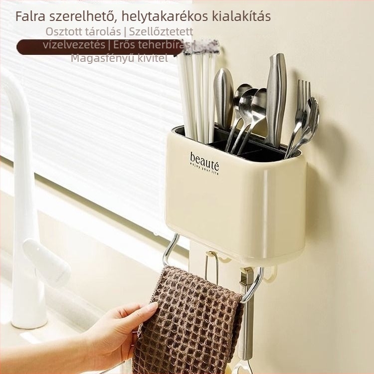 Krémszínű falra szerelhető evőeszköztartó, kés- és kanál tároló