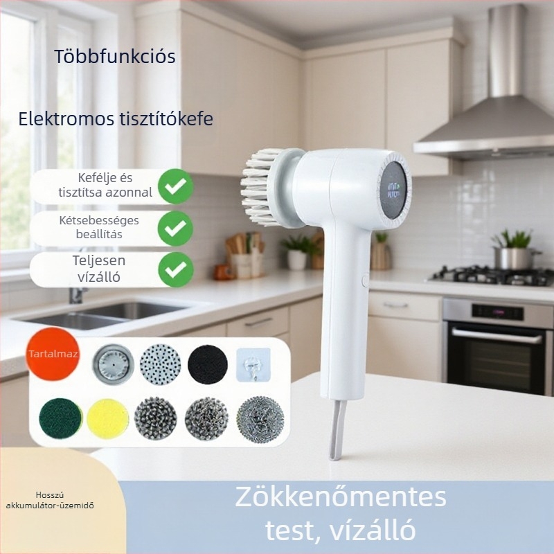 Többcélú elektromos tisztító ecset, vízálló edénytisztító ecset, konyha- és fürdőszobai sarka cserélhető fejjel, újratölthető kézi tisztító