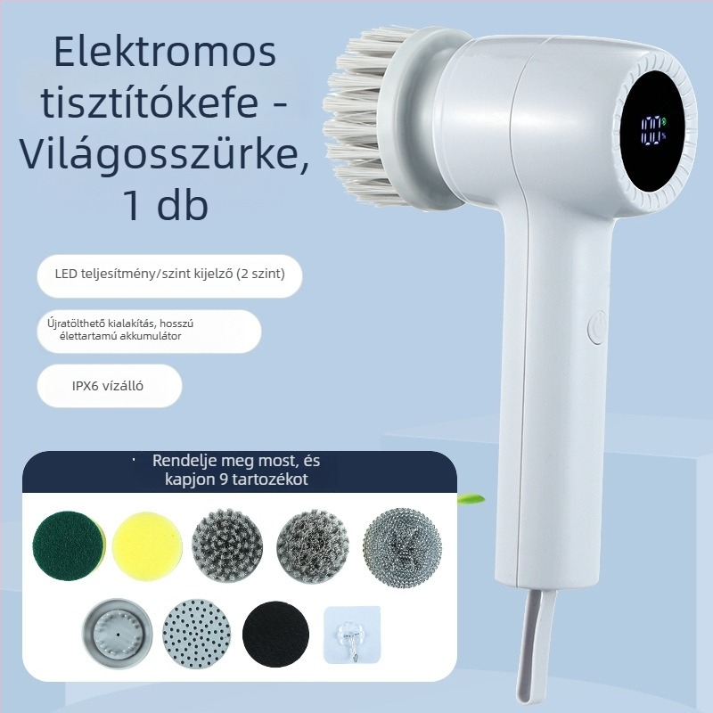 Többcélú elektromos tisztító ecset, vízálló edénytisztító ecset, konyha- és fürdőszobai sarka cserélhető fejjel, újratölthető kézi tisztító