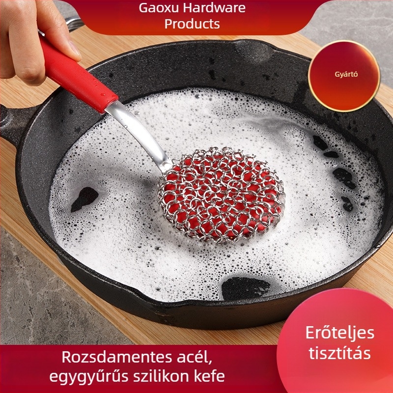 Rozsdamentes acélból készült egyrészes edénymosó kefé szilikon golyóval és spatulával a konyhai tisztításhoz