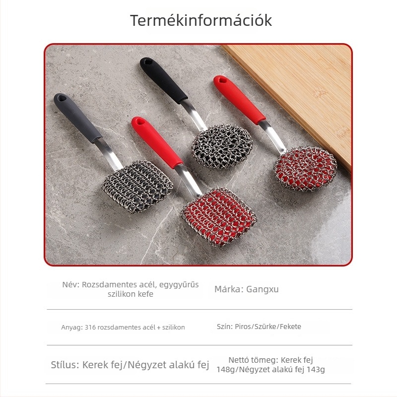Rozsdamentes acélból készült egyrészes edénymosó kefé szilikon golyóval és spatulával a konyhai tisztításhoz