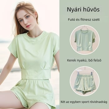 Női laza szabású környakú crop top és rövidnadrág készlet jóga és pilates, gyorsan száradó anyag, magas derekú