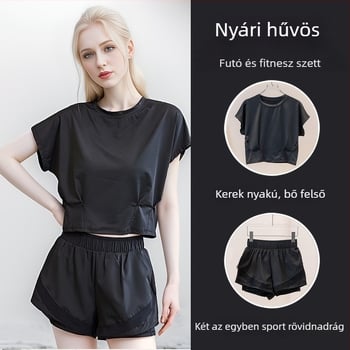 Női laza szabású környakú crop top és rövidnadrág készlet jóga és pilates, gyorsan száradó anyag, magas derekú