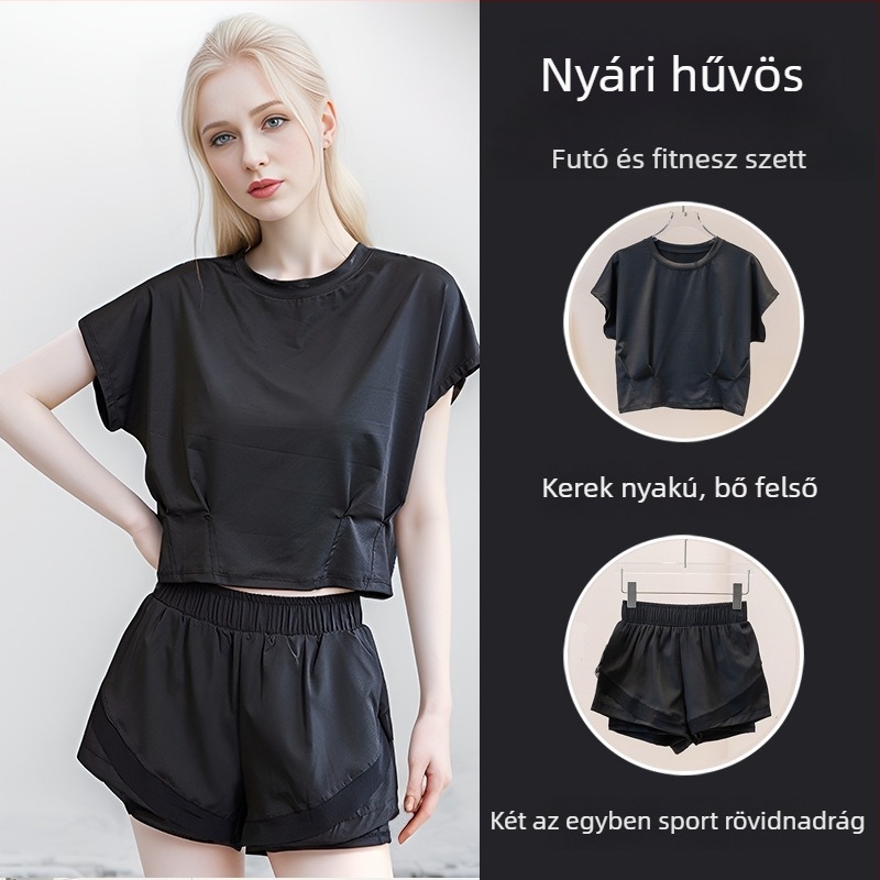 Női laza szabású környakú crop top és rövidnadrág készlet jóga és pilates, gyorsan száradó anyag, magas derekú