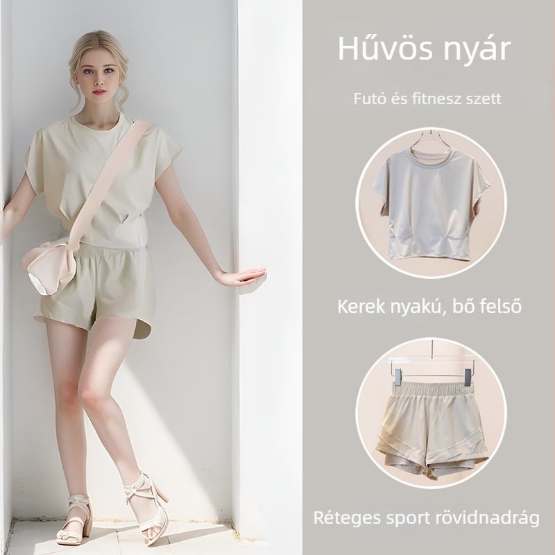 Női laza szabású környakú crop top és rövidnadrág készlet jóga és pilates, gyorsan száradó anyag, magas derekú