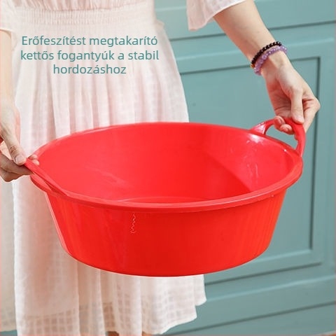 Vastag fehér műanyag mosóedény, kerek formájú, háztartási használatra, mosáshoz, arc- és lábmosáshoz, kis edény