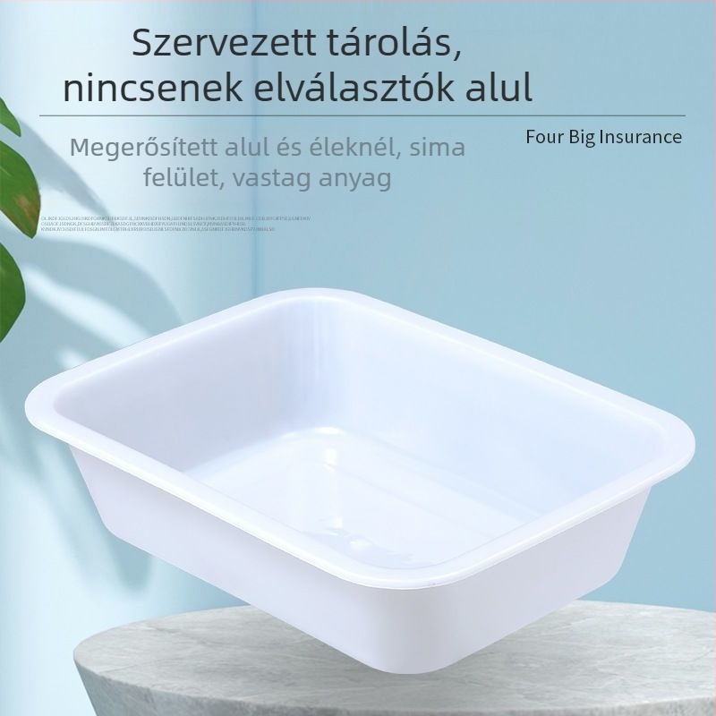 Négyszögletes, nagy kapacitású műanyag tál, színes tároló dobozzal, konyhai használatra, élelmiszer-minőségű, törésálló