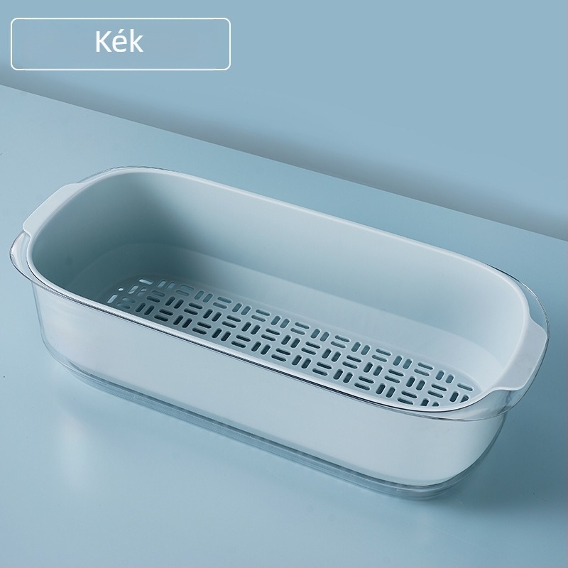 Téglalap alakú kétszintes gyümölcs- és zöldségcsöpögtető kosár megerősített fogantyúkkal, a konyhában