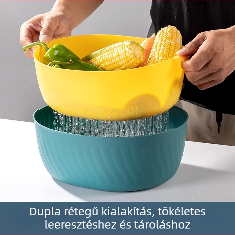Kreatív, multifunkcionális, kétszintes leeresztő kosár a konyhához — műanyag gyümölcs- és zöldségtároló, mosásra és rizsöblítésre