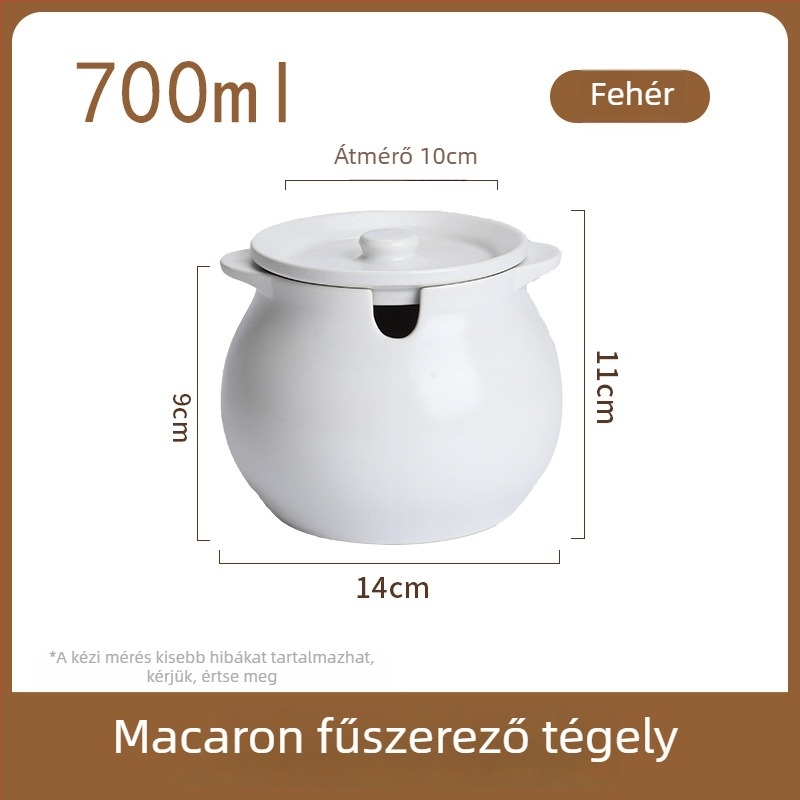 Hőálló kerámia zsírtartó két fogantyúval, fedéllel és kanállal, chiliolaj és fűszerek számára