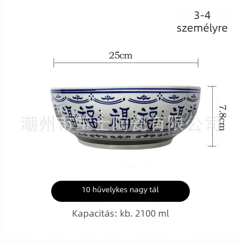 Kézzel festett aláglazúros porcelán tál, virágos mintázat, retró stílus, nagy tál leveshez, átmérő 21–21,9 cm