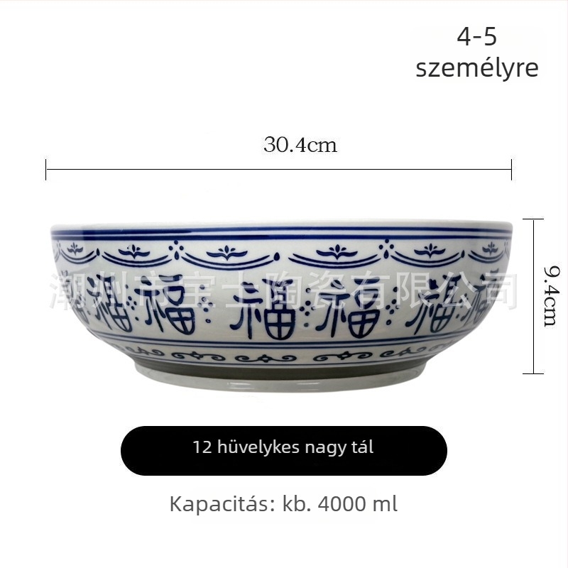 Kézzel festett aláglazúros porcelán tál, virágos mintázat, retró stílus, nagy tál leveshez, átmérő 21–21,9 cm