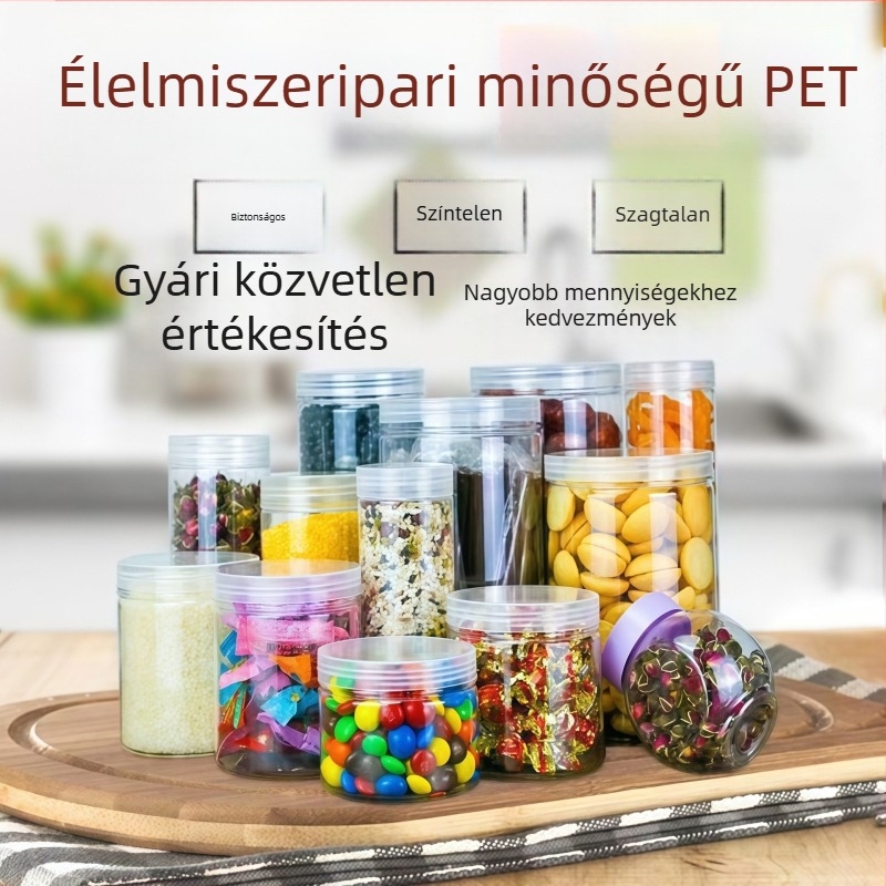 Élelmiszer-minőségű műanyag tárolóedények gabonafélékhez, PET adagoló üvegek, átlátszó műanyag edények