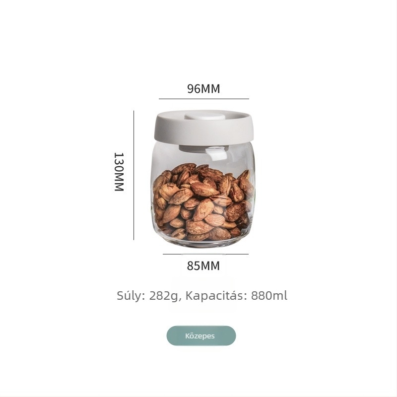 Boroszilika üveg tárolóedény vákuumzárású fedéllel, tea, cukorkák és snackek tárolására, 800–1000 ml, kerek, mikrohullámú sütőben is használható