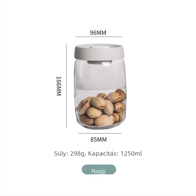 Boroszilika üveg tárolóedény vákuumzárású fedéllel, tea, cukorkák és snackek tárolására, 800–1000 ml, kerek, mikrohullámú sütőben is használható