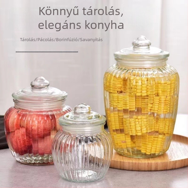 Nagy kapacitású, vastag falú üveg zárófedéllel, otthoni savanyításra, erjesztésre és gabonák tárolására