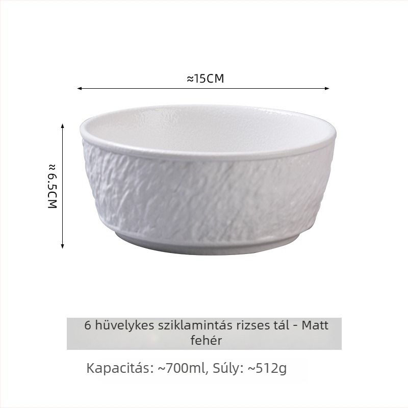 Japán stílusú kerámia, kőmintás textúra: rizstál, kis leveses tál, kanál, desszerttál, fehér porcelán