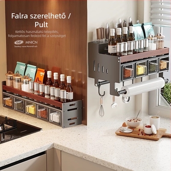 Diófából készült konyhai falra szerelhető fűszerpolc, fúrás nélküli szerelés