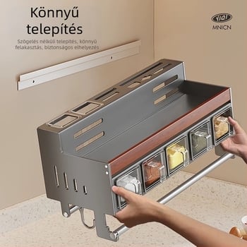 Diófából készült konyhai falra szerelhető fűszerpolc, fúrás nélküli szerelés
