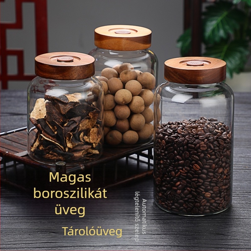 Nagy kapacitású boroszilikát üveg tároló spirálnyílású, légmentesen záródó, fa fedél, száraz mandarinhéj és szemestermény tárolására