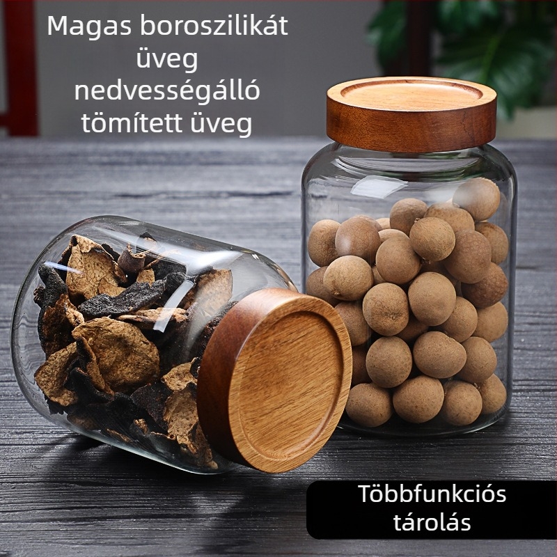 Nagy kapacitású boroszilikát üveg tároló spirálnyílású, légmentesen záródó, fa fedél, száraz mandarinhéj és szemestermény tárolására
