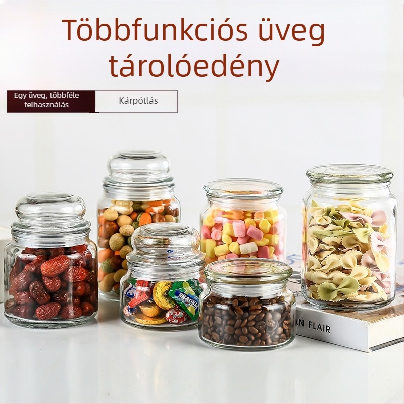 Zárt üveg tárolóedény, kör alakú, teához, mézhez és gabonafélékhez, 800–1000 ml