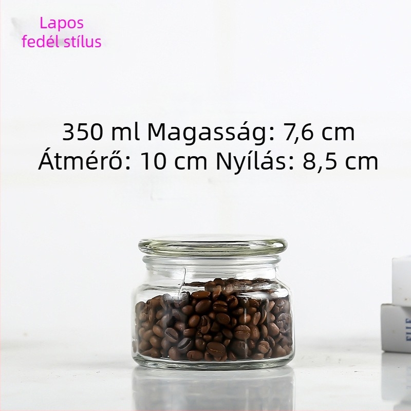 Zárt üveg tárolóedény, kör alakú, teához, mézhez és gabonafélékhez, 800–1000 ml