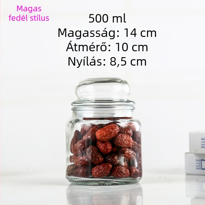 Zárt üveg tárolóedény, kör alakú, teához, mézhez és gabonafélékhez, 800–1000 ml