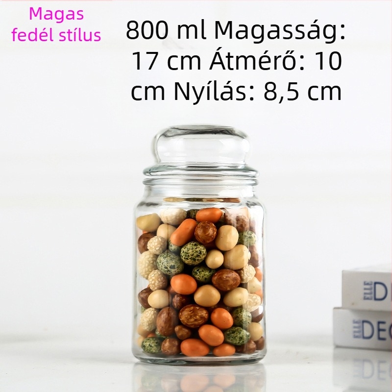 Zárt üveg tárolóedény, kör alakú, teához, mézhez és gabonafélékhez, 800–1000 ml