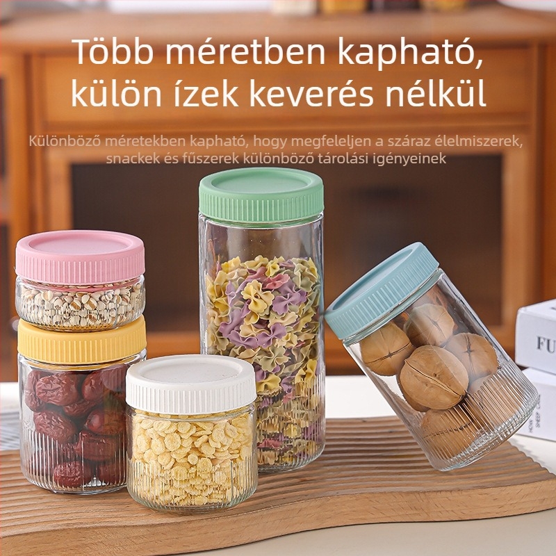 Zárt üveg tárolóedény, kör alakú, harapnivalók és gabonafélék számára