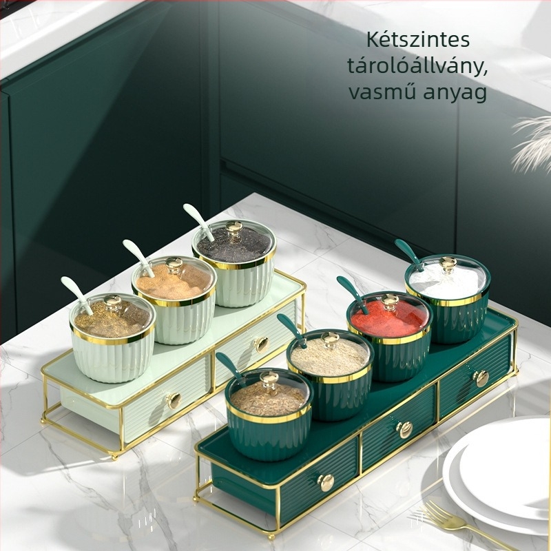 Európai stílusú fémszerkezetes fűszertároló készlet üvegekkel és üvegedényekkel