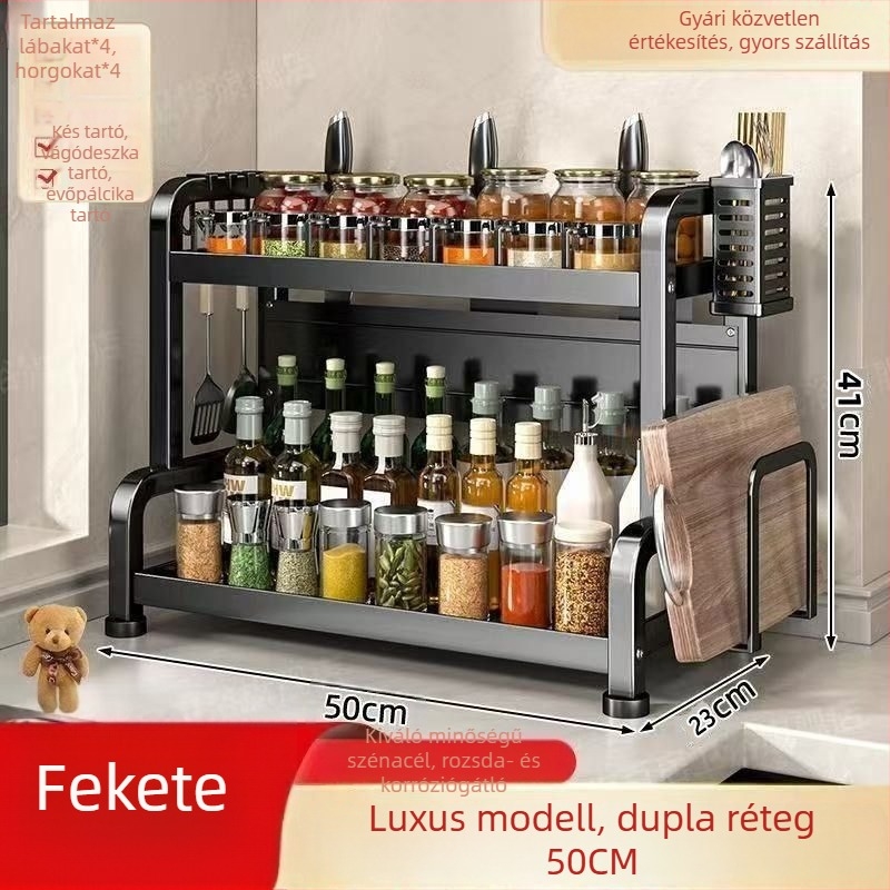Többszintes konyhapult-tároló állvány fűszereknek, késeknek és evőpálcikáknak
