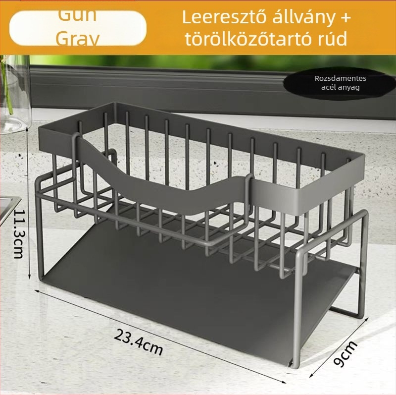 Rozsdamentes acél konyhai mosogatóhoz készült állvány, leöblítő polc, szerelés nélküli telepítés, munkalapra helyezhető, többfunkciós polc
