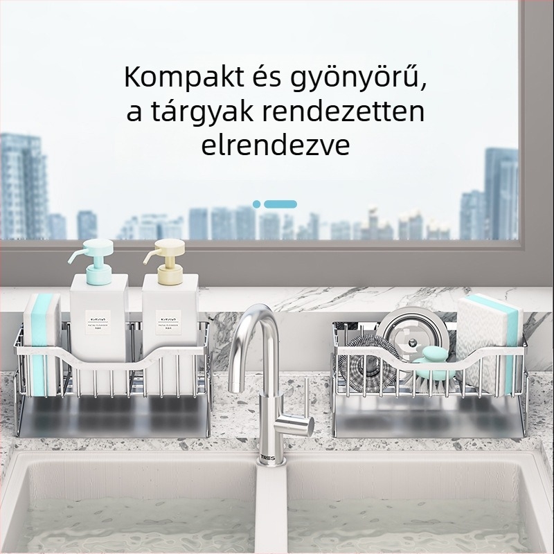 Rozsdamentes acél konyhai mosogatóhoz készült állvány, leöblítő polc, szerelés nélküli telepítés, munkalapra helyezhető, többfunkciós polc