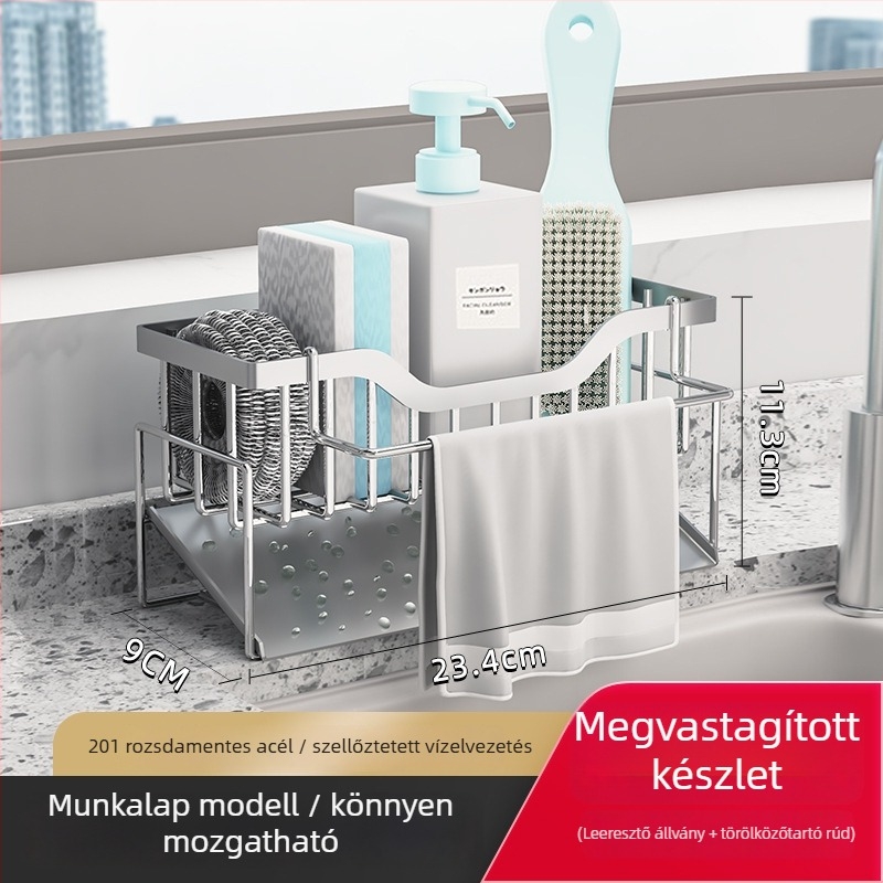 Rozsdamentes acél konyhai mosogatóhoz készült állvány, leöblítő polc, szerelés nélküli telepítés, munkalapra helyezhető, többfunkciós polc