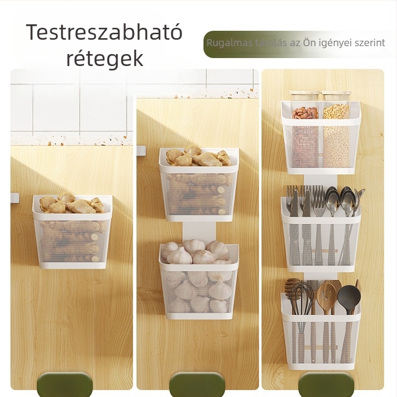 Fúrás nélküli konyhaszekrény ajtóhoz akasztható kosár – falra szerelhető tároló, szénacél, modern minimalist stílus