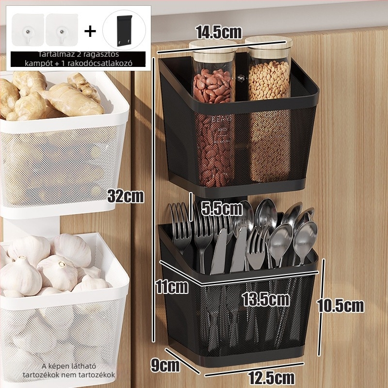 Fúrás nélküli konyhaszekrény ajtóhoz akasztható kosár – falra szerelhető tároló, szénacél, modern minimalist stílus