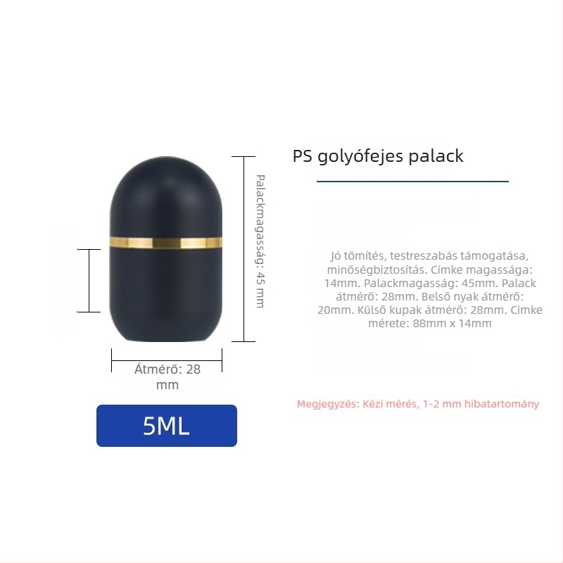 Matt fekete golyó alakú kapszulaüveg zárható csavaros kupakkal, vastagított műanyag csomagolás