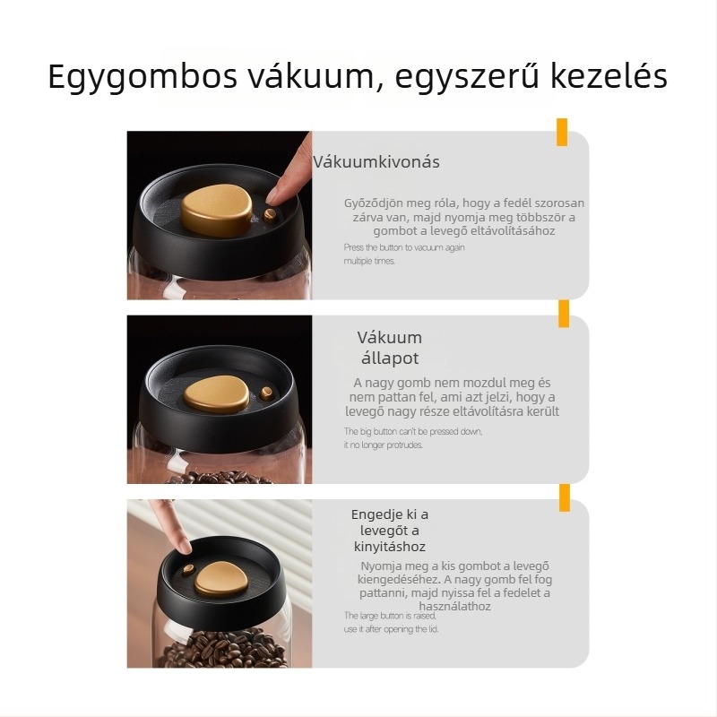 Vákuumos üvegtároló kávébabokra és kávéőrleményre, hermetikus élelmiszer-tartó edény fedővel, teához való tárolásra
