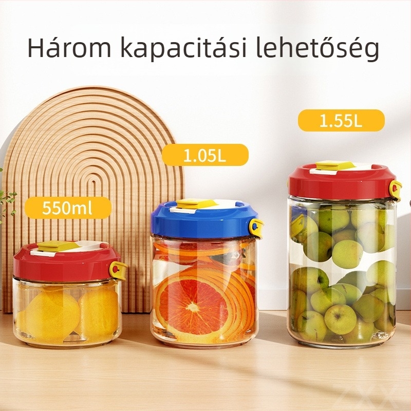 Élelmiszer-minőségű üvegből készült zárható edény, vastagított dupla nyílással és szűrővel, savanyúságokhoz, kempingezéshez