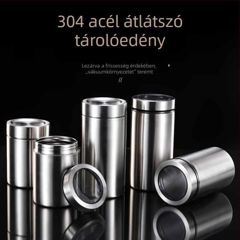 304 rozsdamentes acél teás tároló tealevelekhez, kávébabokhoz, matchához és kakaóporhoz - nedvességzáró, csavaros fedéllel, 800-1000 ml