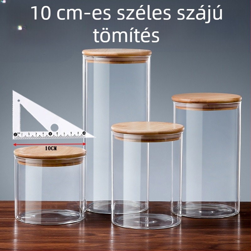 Átlátszó üveg hermetikusan záródó konyhai tárolóedény, élelmiszer-biztonságos, nedvességálló, széles nyílású, kávéhoz, teához és nassolnivalókhoz
